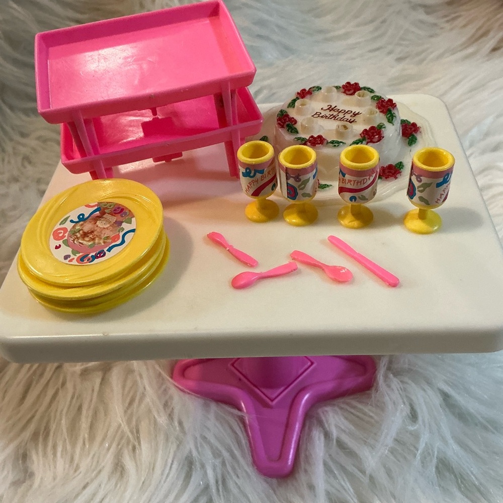 90s vintage Barbie accessories: table, trays, cake, plates, cups, & silverware